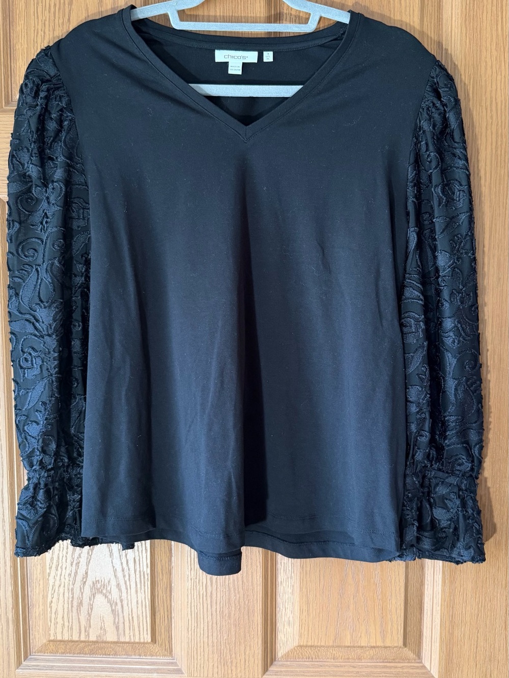 Chico's Black V-Neck Top with Embroidered Puff Sleeves